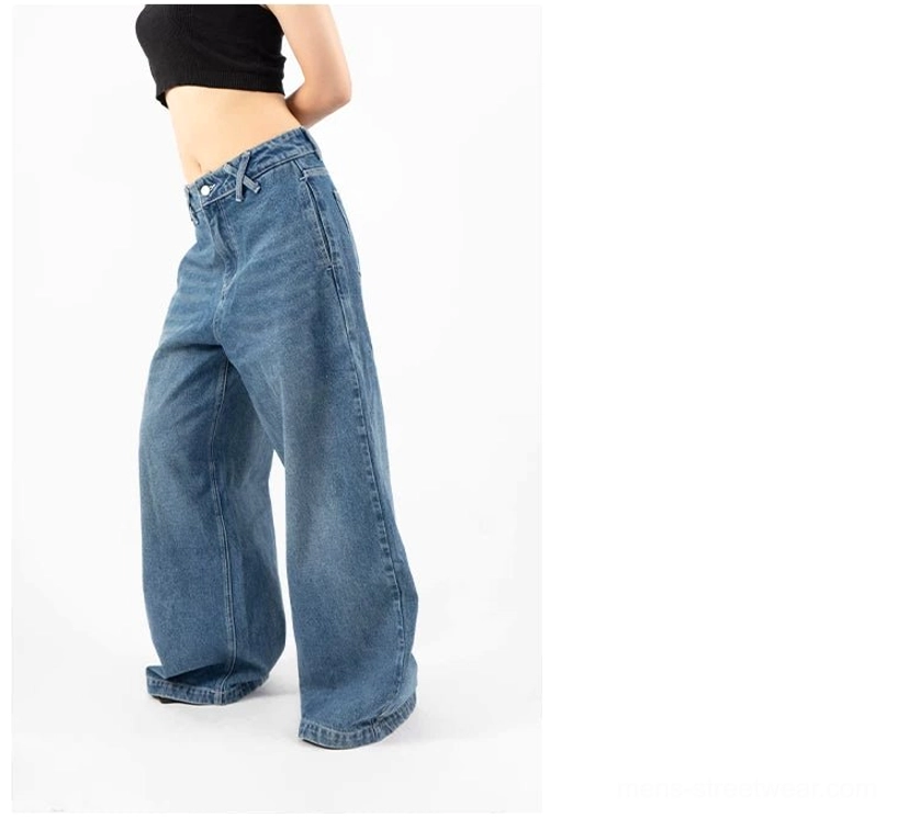 Retro blue baggy wide-leg jeans side three-quarter view with long draped denim silhouette for y2k streetwear
