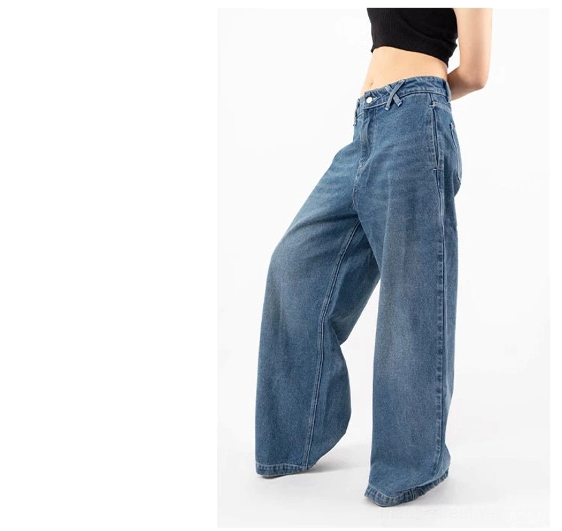 Retro blue ultra wide-leg denim jeans rear side view showing classic back pockets and relaxed oversized fit