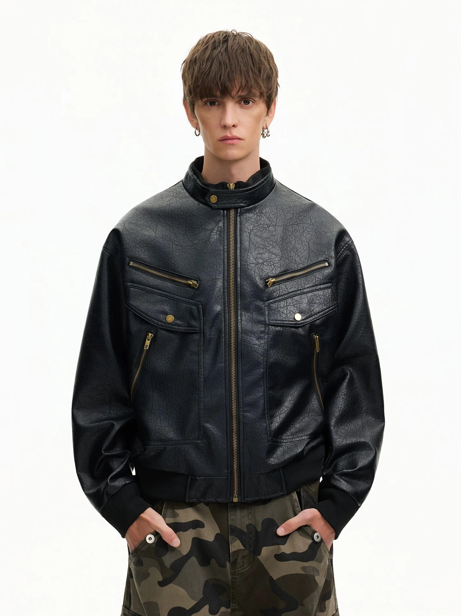 Close front view of black faux leather moto bomber jacket with snap stand collar and metal zipper