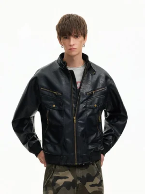 Black retro faux leather moto bomber jacket styled with grey t-shirt and camouflage cargo pants