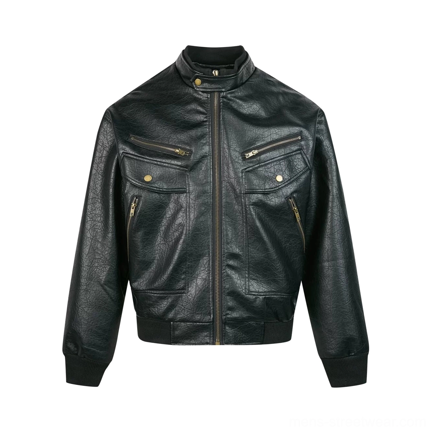Black retro faux leather moto bomber jacket with stand collar and utility zip pockets product color view