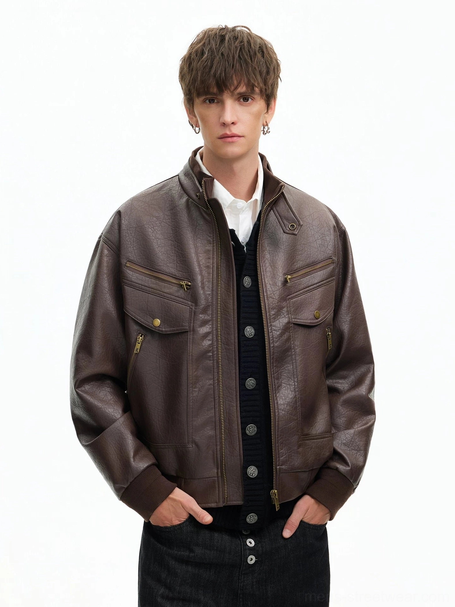 Brown retro faux leather moto bomber jacket with stand collar and utility flap pockets front view