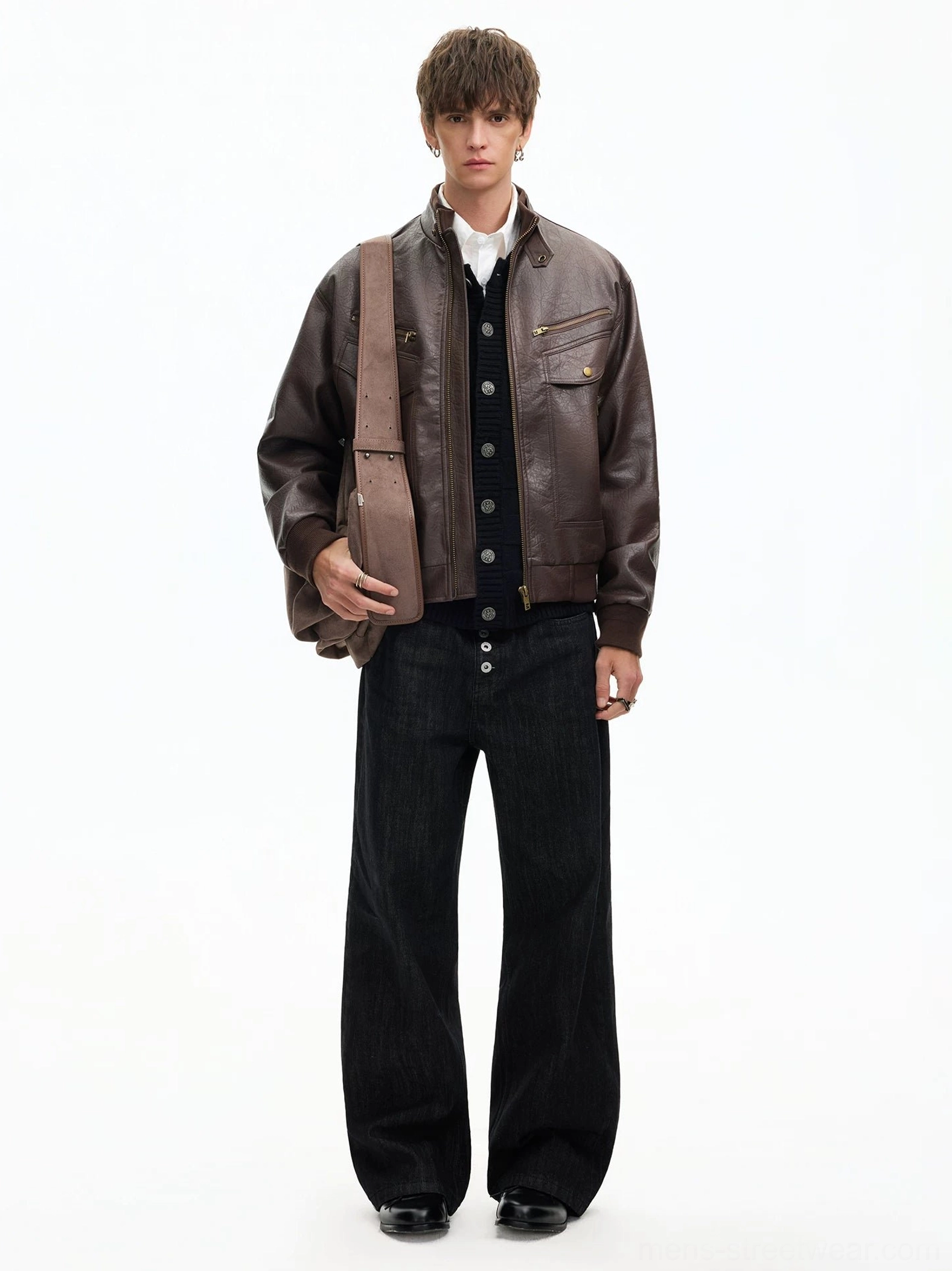 Full body brown faux leather moto bomber jacket outfit with wide leg black trousers