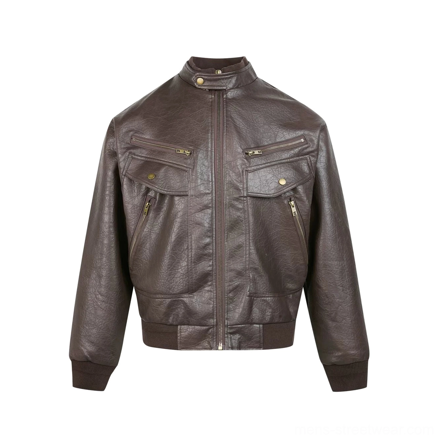 Brown retro faux leather moto bomber jacket with stand collar and utility pockets product color view