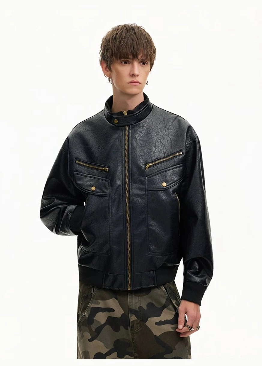 Retro faux leather moto bomber jacket with utility zip pockets streetwear product view