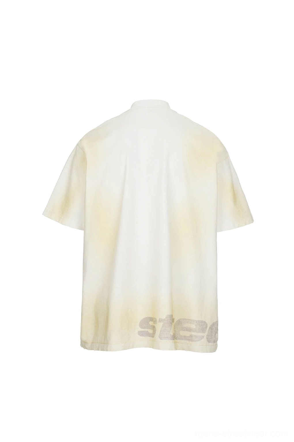Retro graphic text oversized T-shirt with faded cream color and urban East Asian streetwear aesthetic