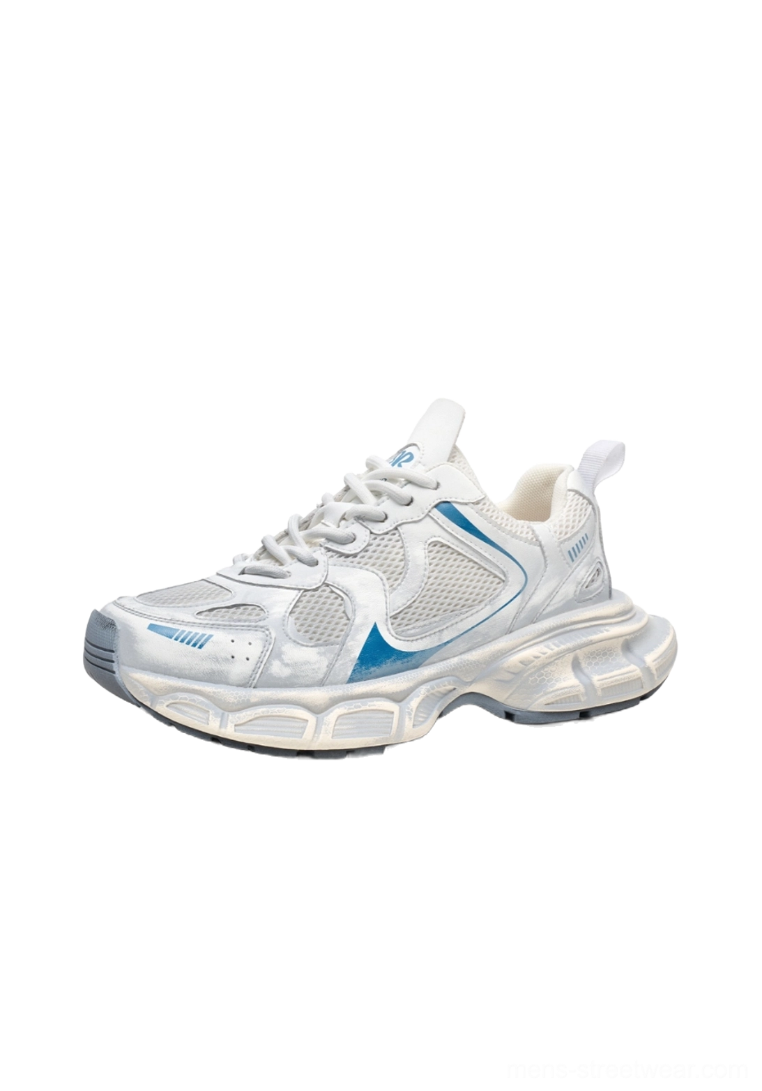 Retro-inspired metallic chunky sneakers with breathable mesh construction and bold technical sole profile