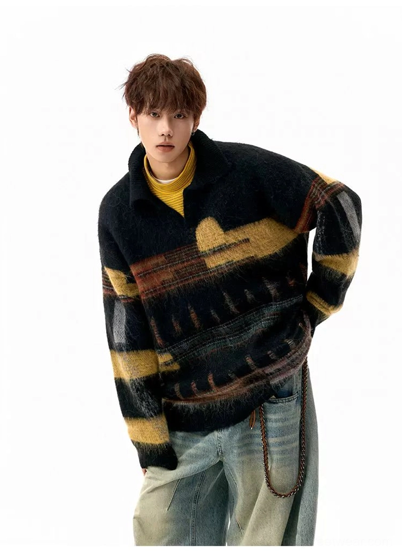 Retro oversized fuzzy knit polo sweater styled with baggy jeans and waist chain in contemporary streetwear fashion