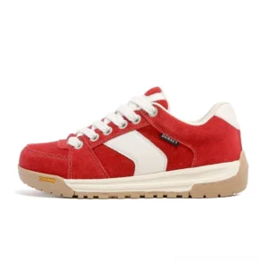 Red suede retro court sneakers with white contrast side panels, white laces, cream midsole, and gum rubber outsole in side profile