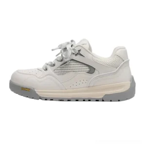 Off-white and light gray retro runner sneakers with breathable mesh upper layered panels and thick rubber streetwear sole
