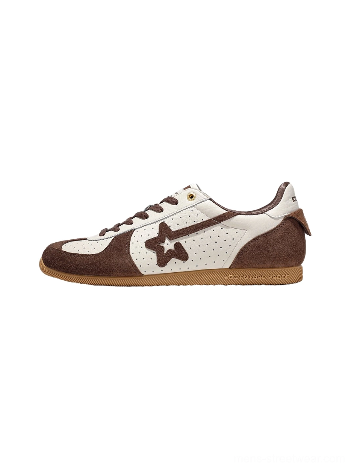 Two-tone brown and white low-profile suede streetwear trainer with contrast panels, brown star motif, and rubber outsole