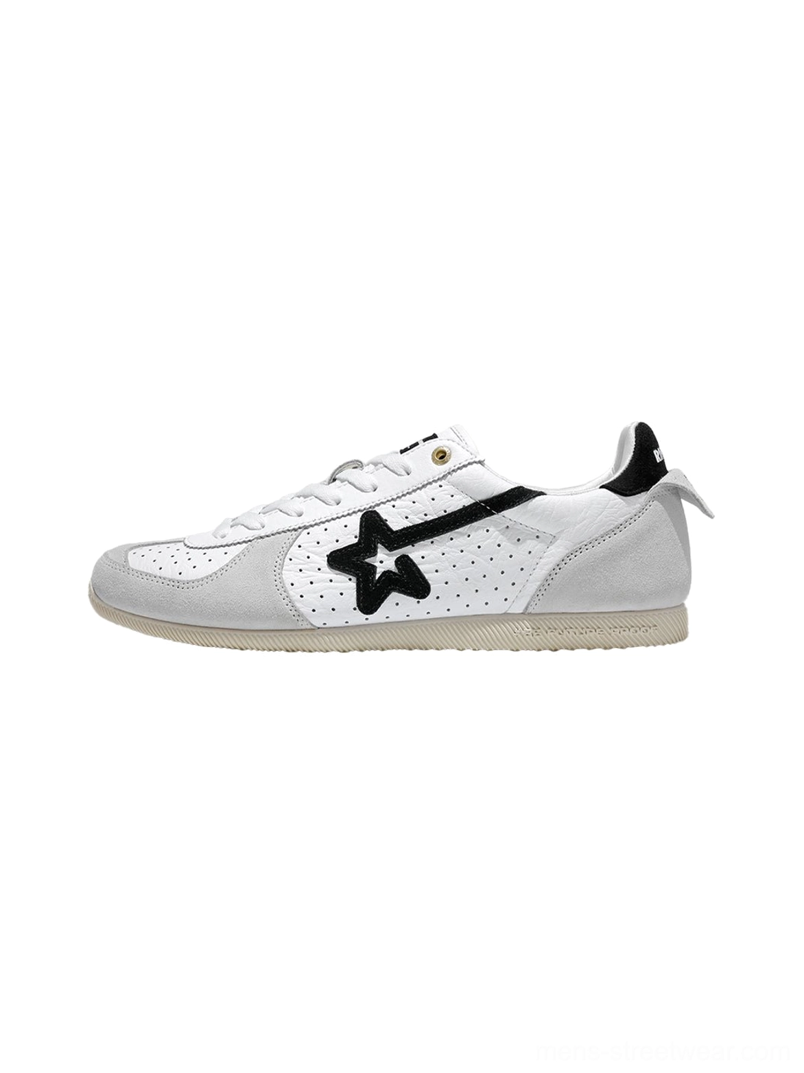 White and black low-profile suede streetwear trainer with perforated upper, black star branding, and heel accent