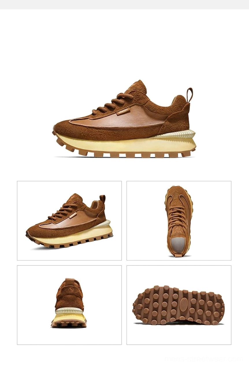 Brown retro trail fusion leather sneakers showing side front heel and outsole views with cream tan sole