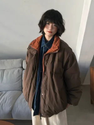 Dark brown reversible padded jacket oversized Seoul streetwear fit with stand collar and side pockets