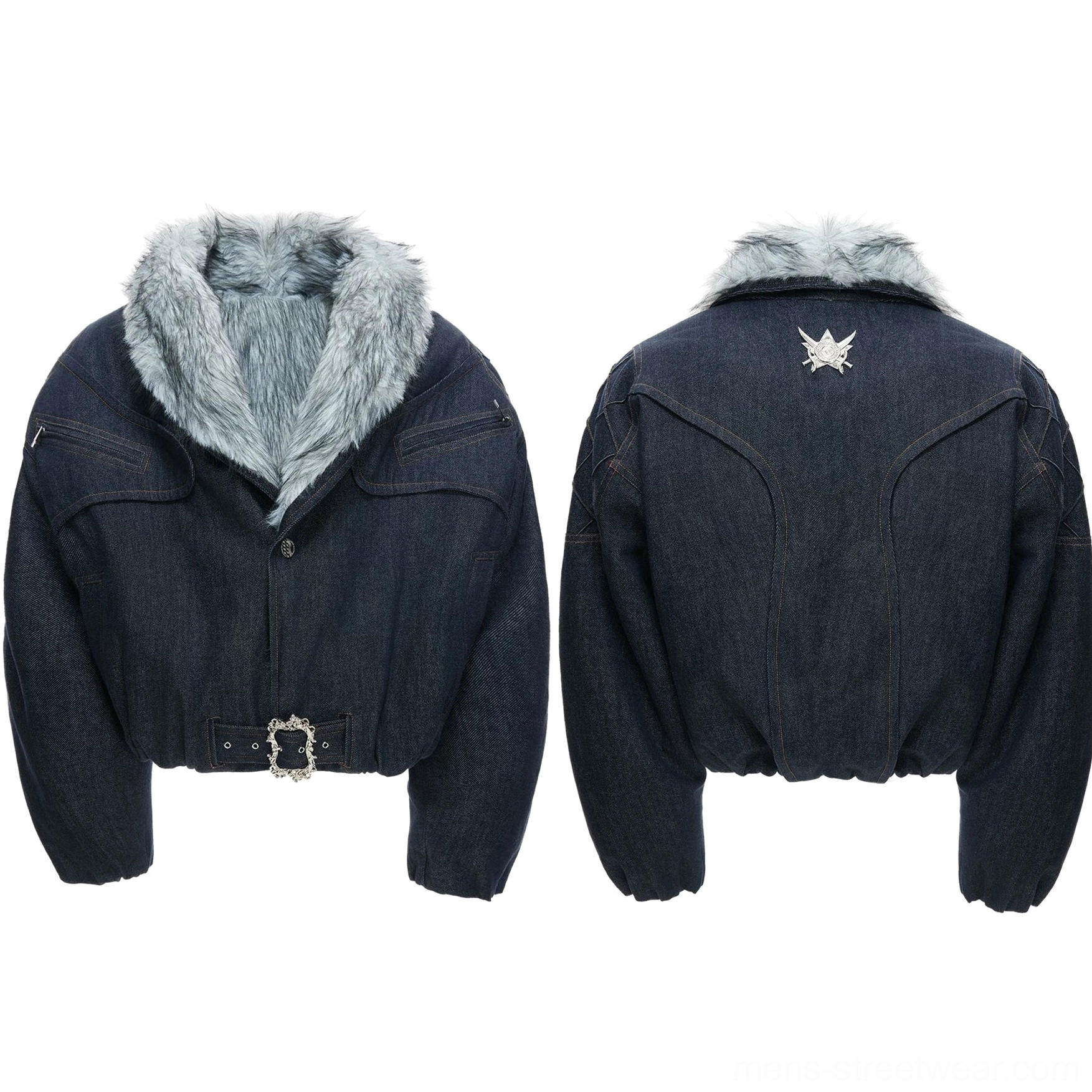 Flat lay display of reversible dark indigo denim bomber jacket with grey faux fur collar, zip pockets, silver waist buckle and embroidered back emblem
