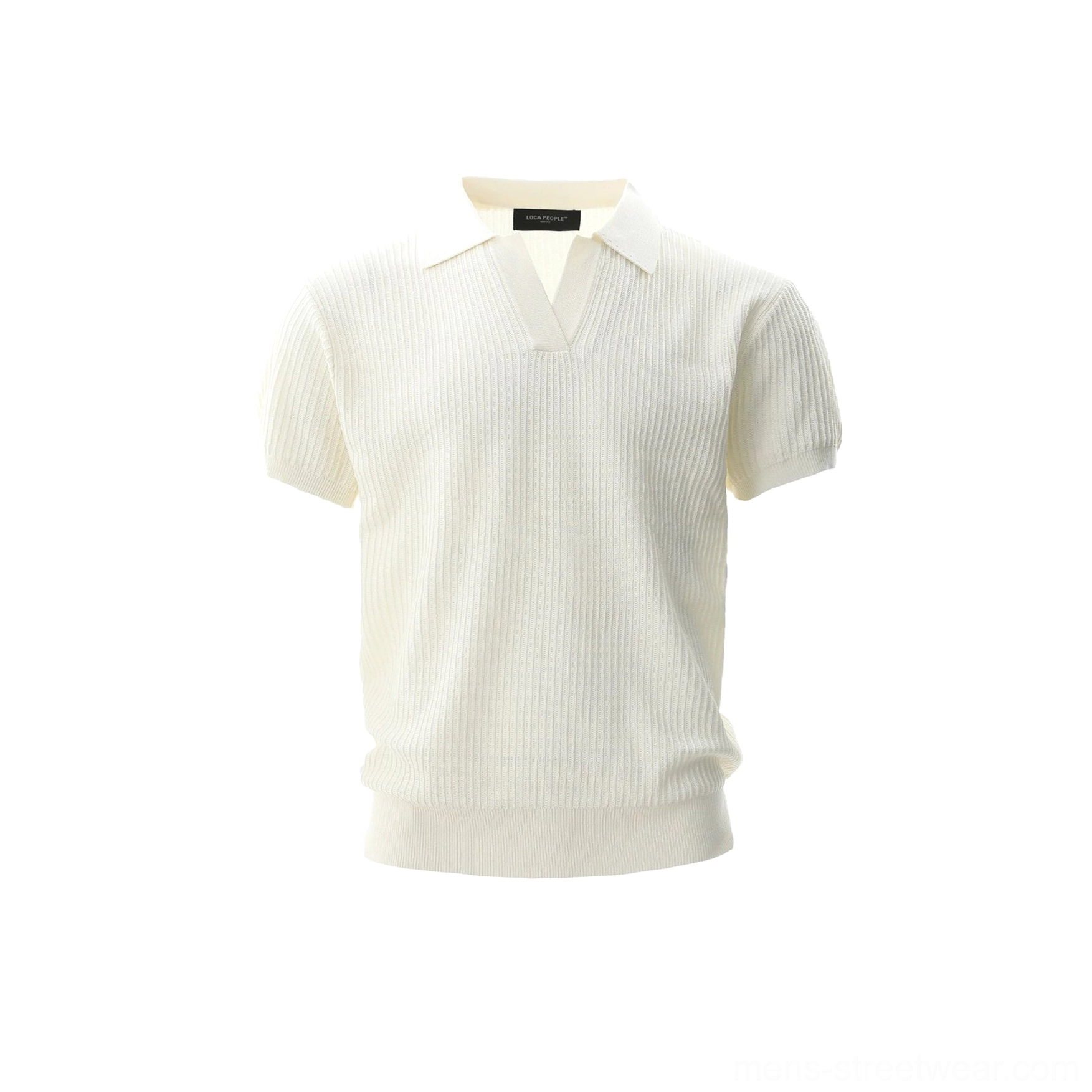 Ribbed knit polo shirt in a modern streetwear silhouette with open collar short sleeves and textured knit finish