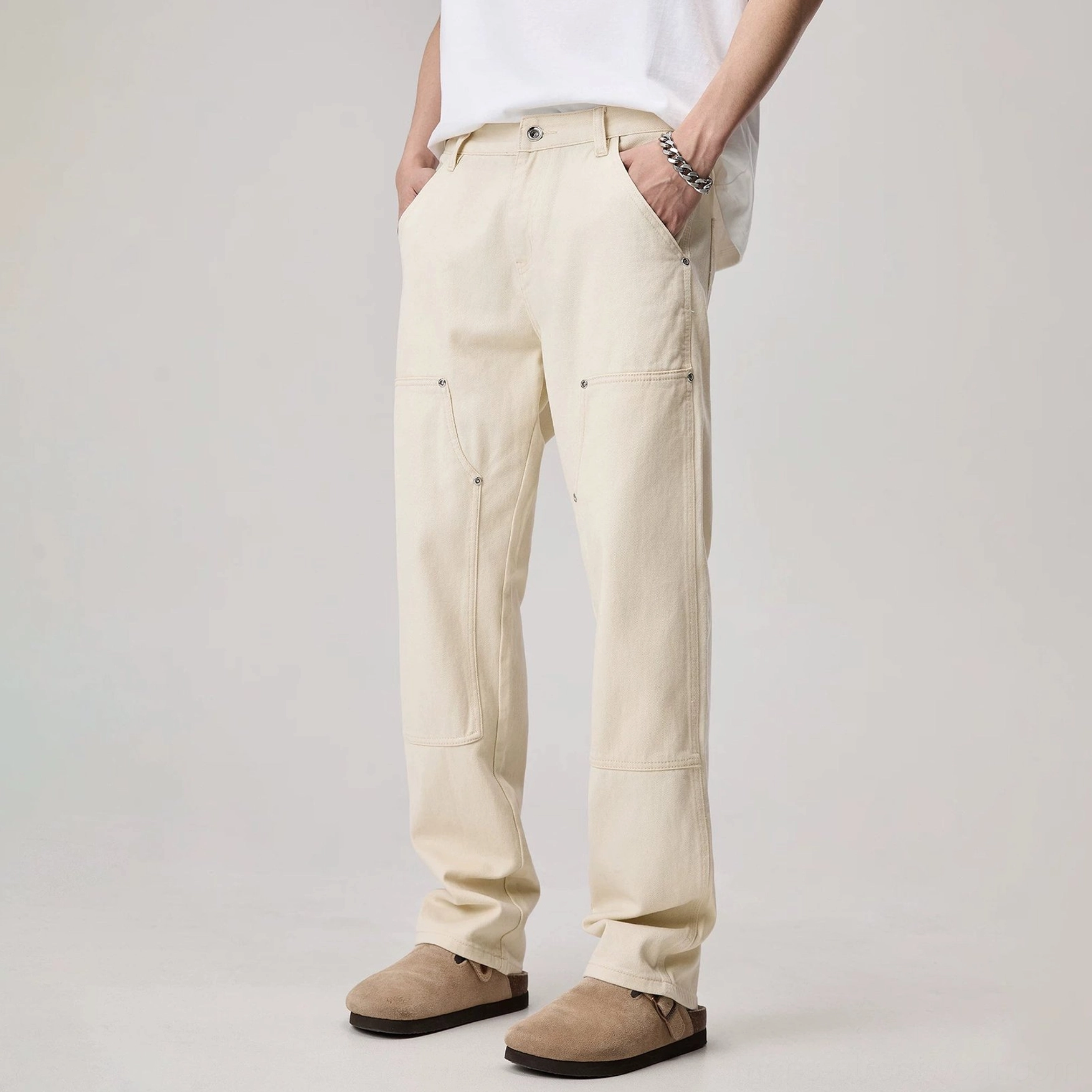 Men's apricot off-white loose straight carpenter pants with reinforced knee panels and rivet utility pockets