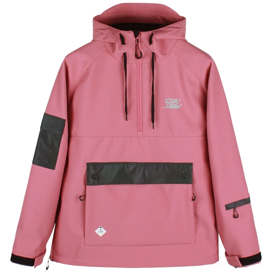 Rose pink unisex color block snow anorak jacket with black sleeve panels and oversized front pocket