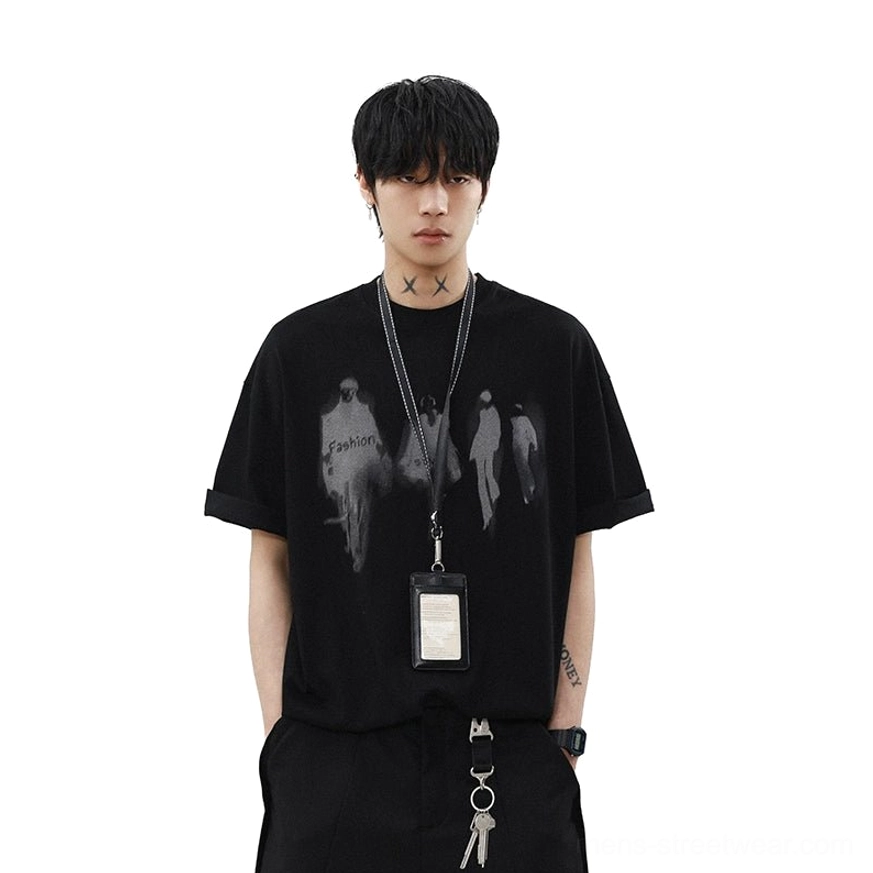 Runway Shadows black oversized graphic T-shirt product image with blurred figure print and contemporary streetwear design