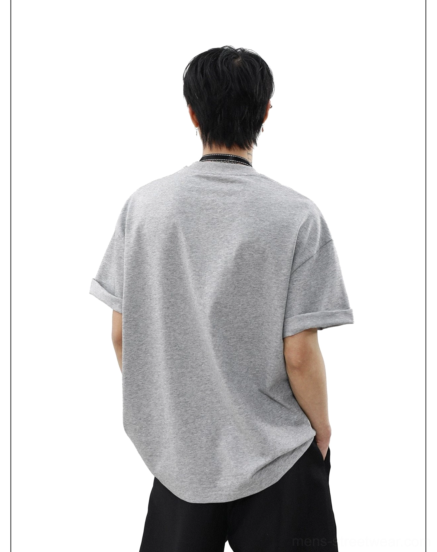 Back view of heather gray oversized crewneck tee with drop shoulders and clean Korean streetwear silhouette