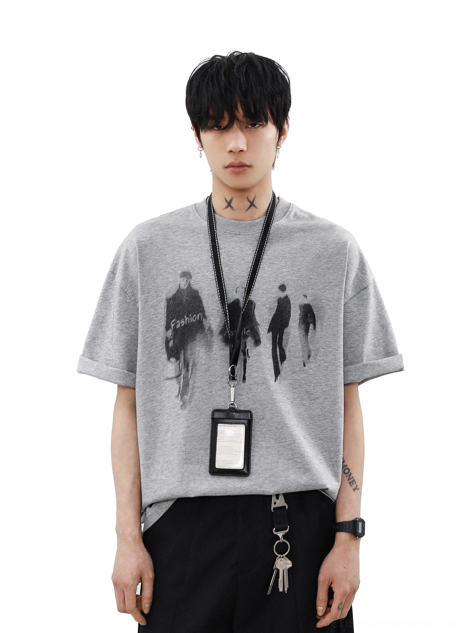 Heather gray Runway Shadows oversized graphic tee with blurred runway figure print, rolled cuffs, and Seoul streetwear styling