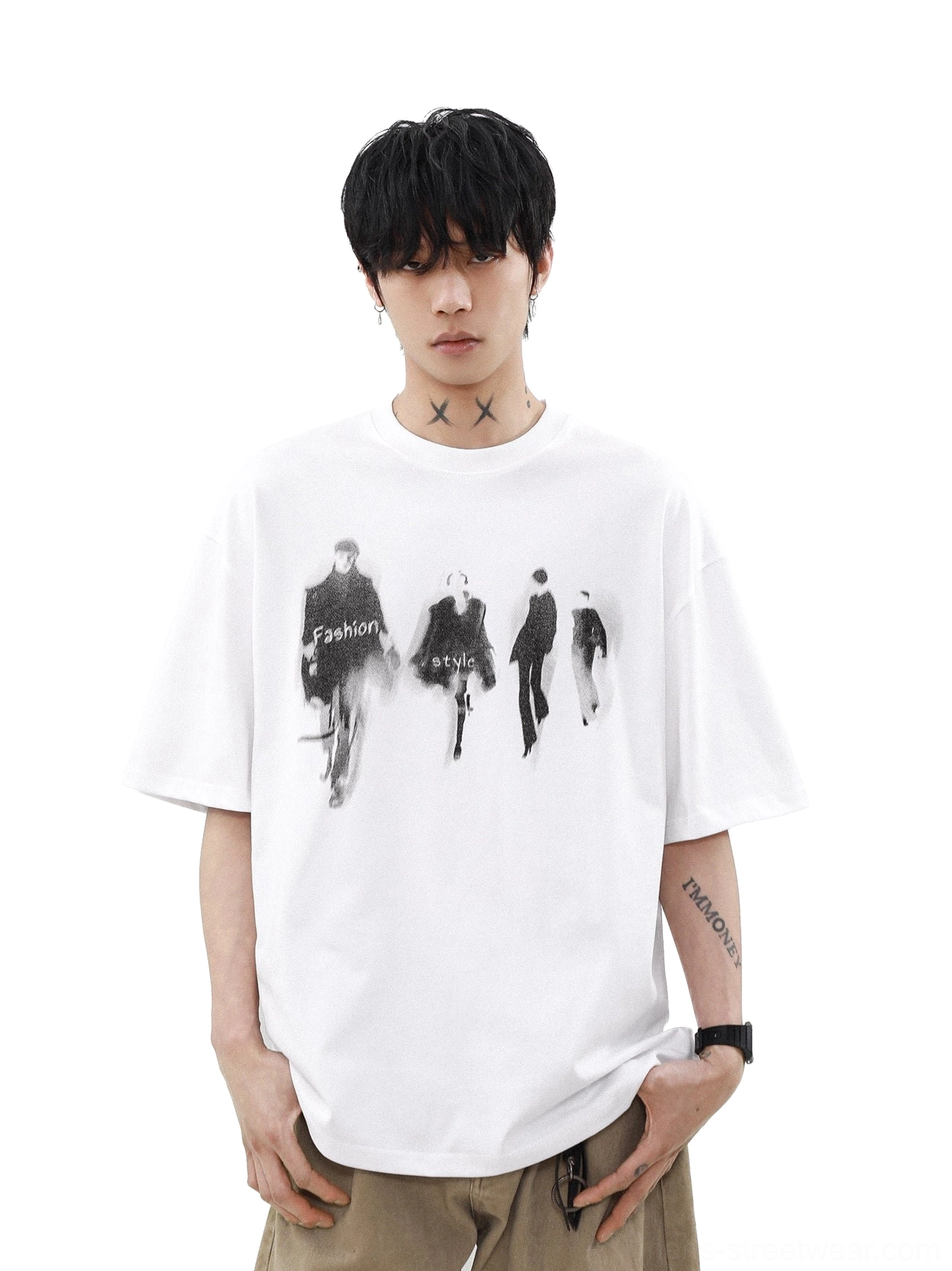White Runway Shadows oversized graphic tee with black fashion figure print and relaxed drop-shoulder fit