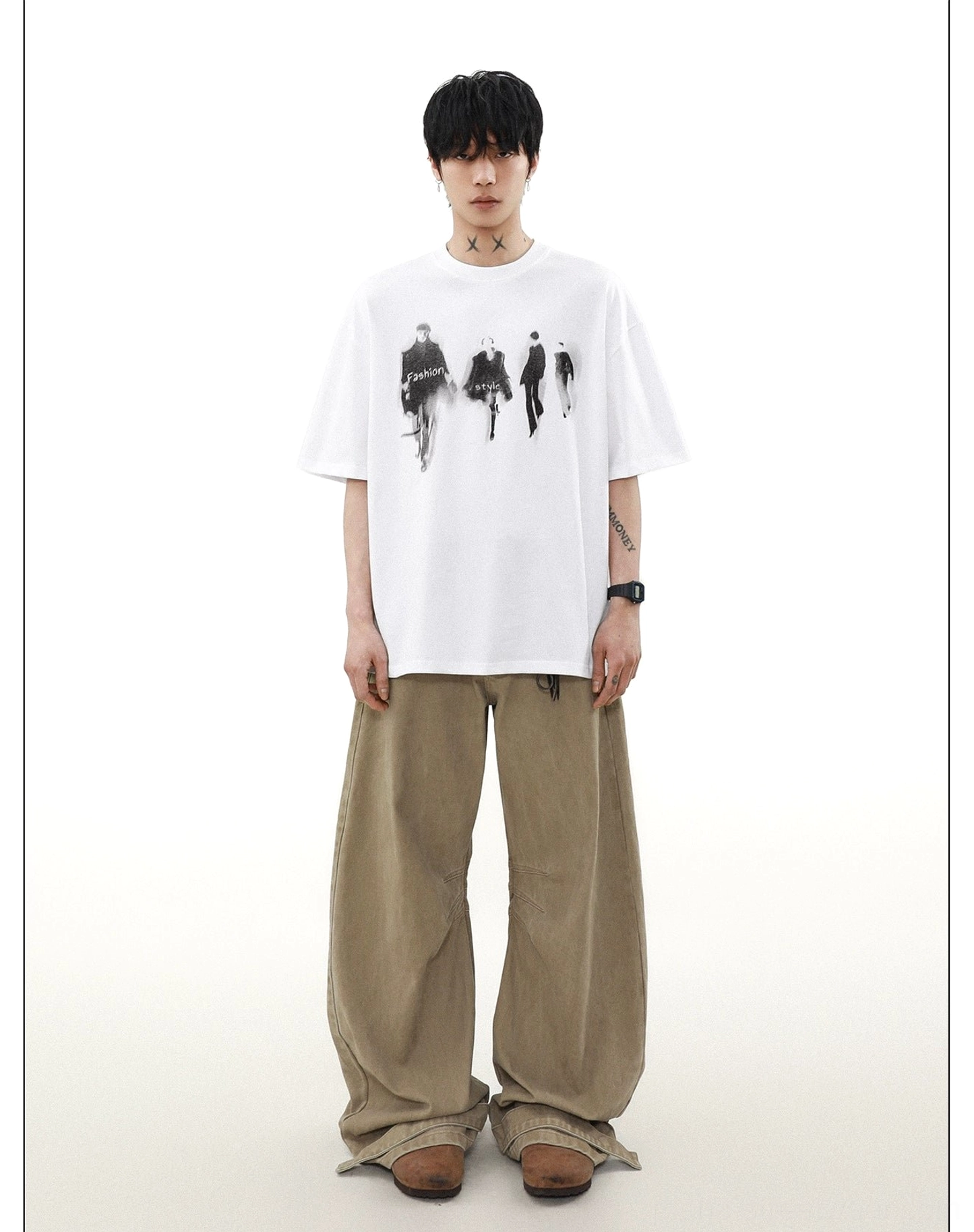 White oversized streetwear T-shirt with vintage black figure silhouette print and relaxed short sleeves