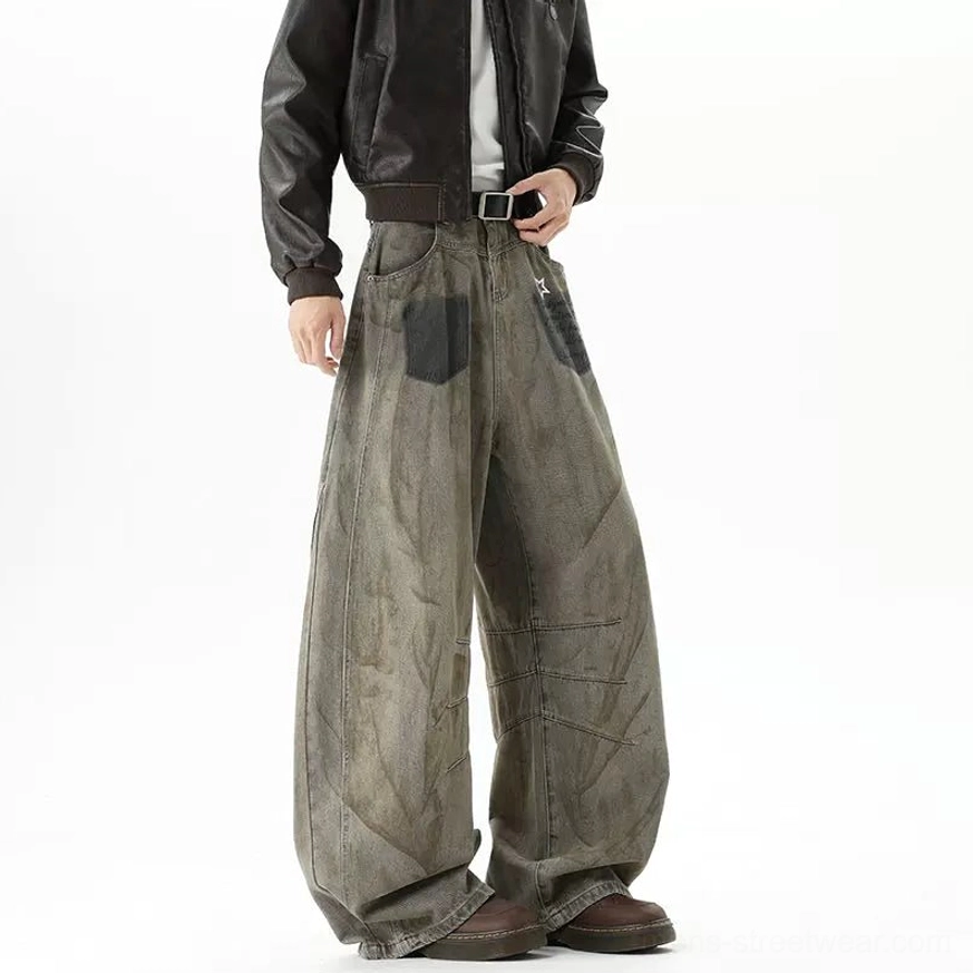 Full front view of rust brown vintage wide-leg balloon jeans showing structured waistband, relaxed oversized fit, faded denim finish, and loose hems