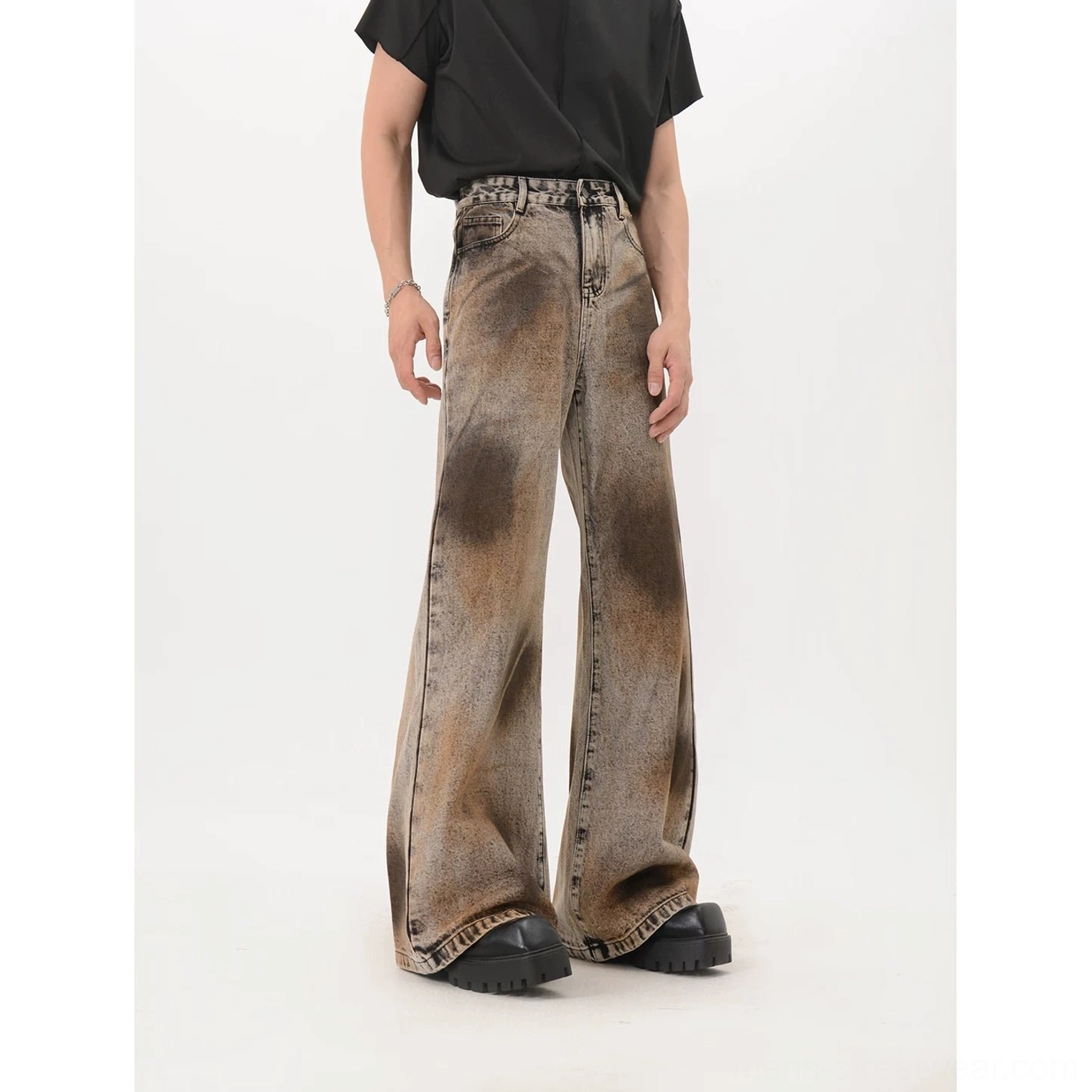 Black rust eclipse vintage wash wide leg flare denim jeans front full body view with high rise waist and dramatic stacked legs