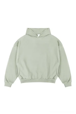 Sage green oversized Korean streetwear hoodie with relaxed drop shoulder silhouette