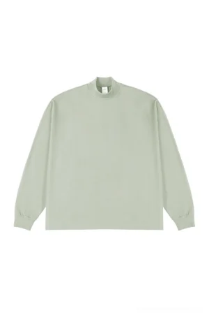 Muted sage green oversized mock neck long sleeve T-shirt for Korean streetwear outfits