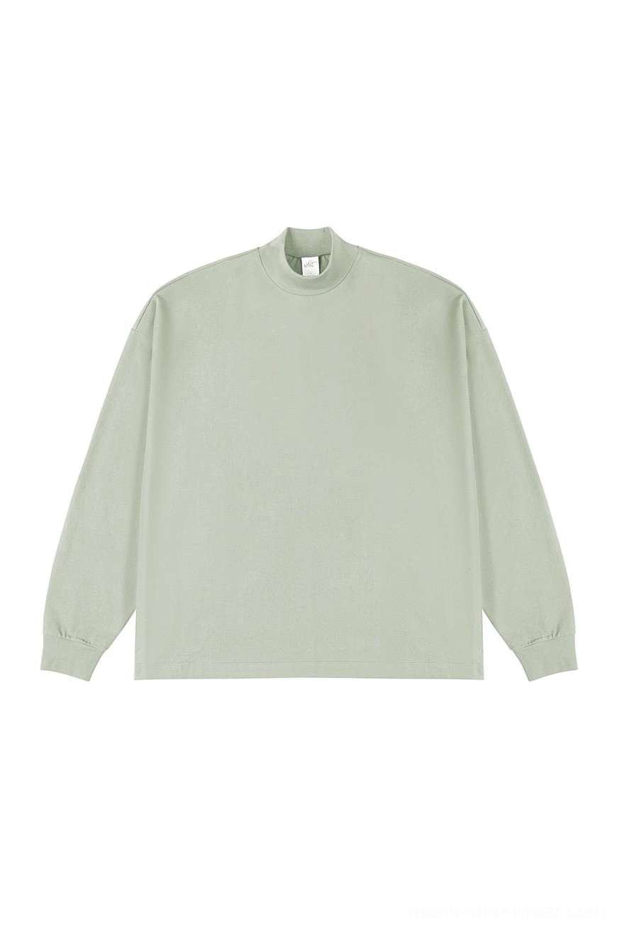 Muted sage green oversized mock neck long sleeve T-shirt for Korean streetwear outfits