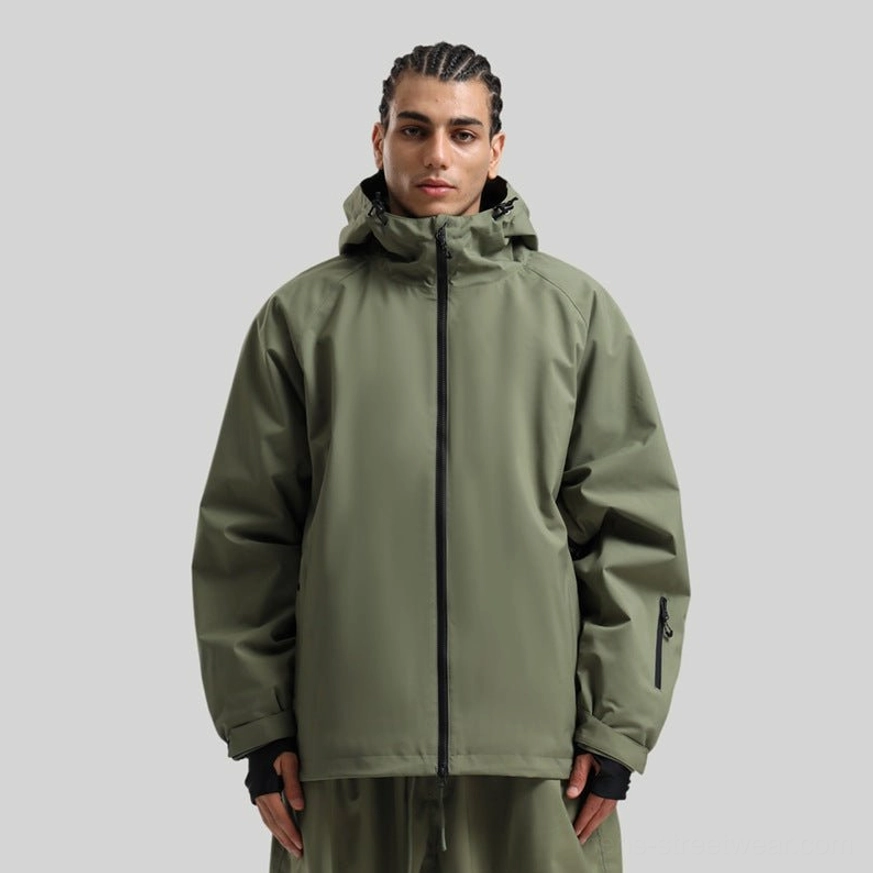 Muted sage green hooded snowboard shell jacket with a relaxed outdoor fit and practical zippered sleeve pocket