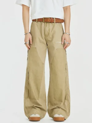 Khaki sage panel wide-leg utility jeans front view with washed tan denim and relaxed streetwear fit