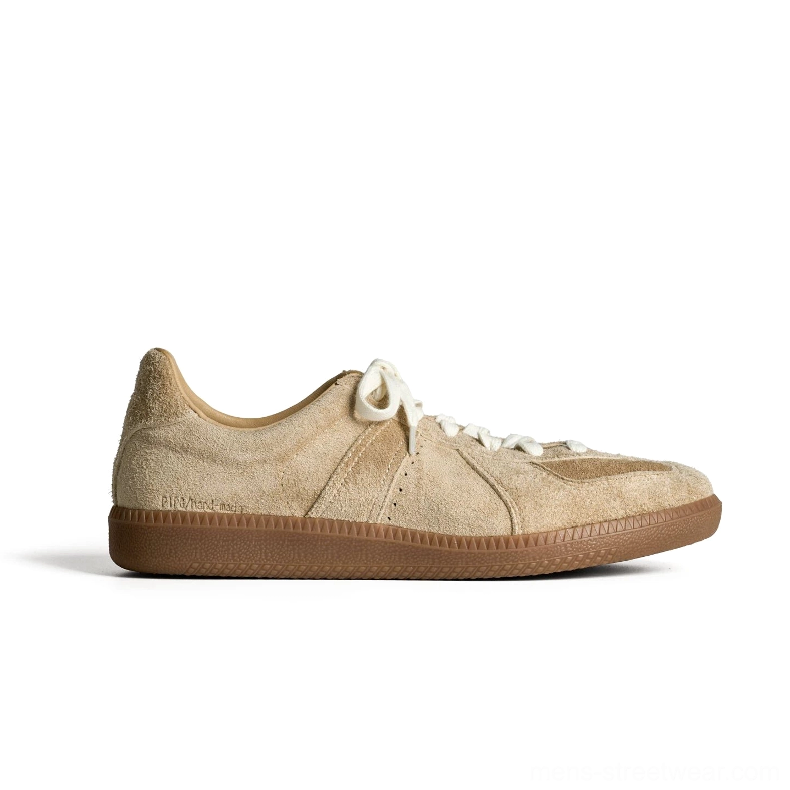 Sand khaki suede heritage sneakers with off-white laces, heel detail, and vintage gum rubber sole in side view