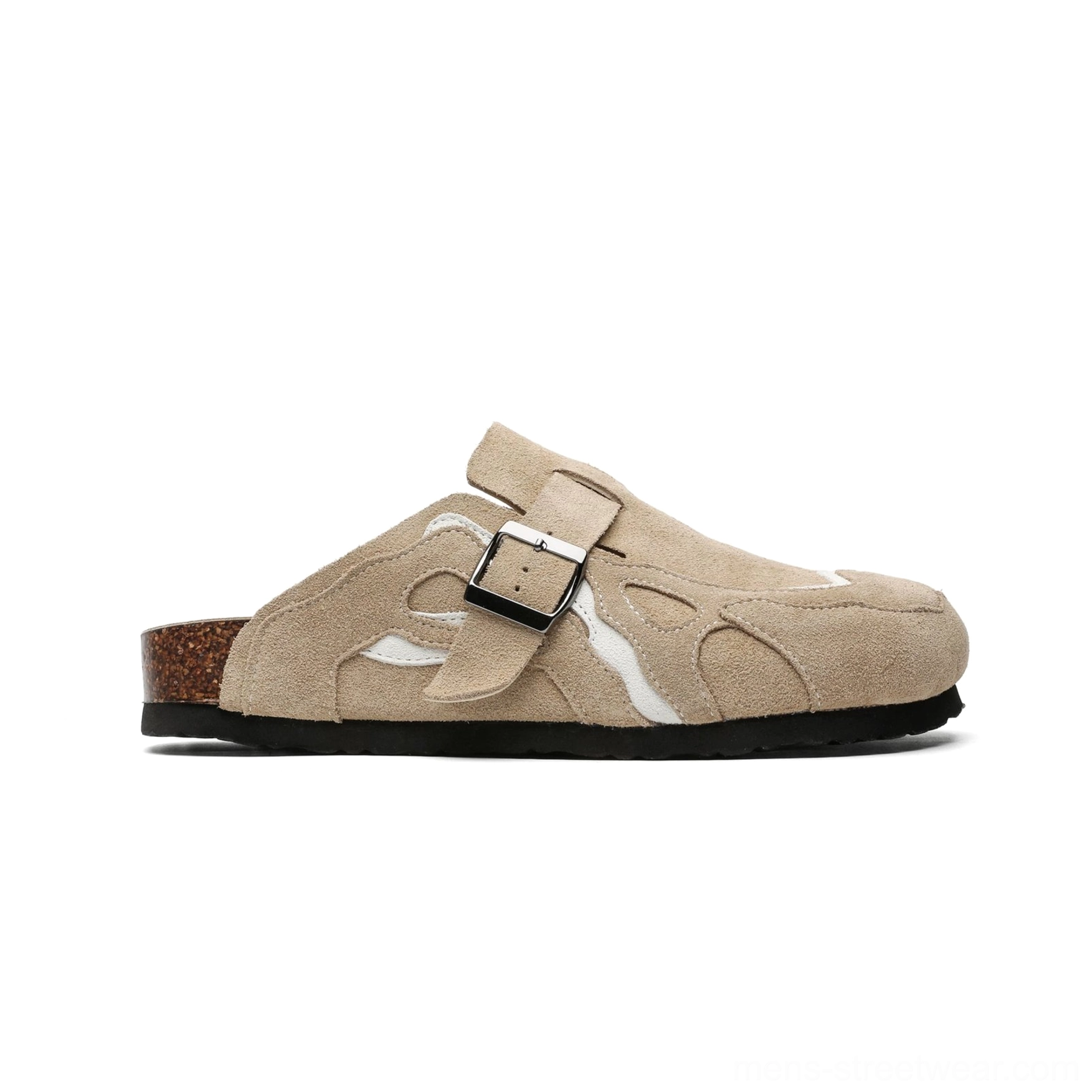 Sand suede buckle cork footbed clogs showing soft tonal panels, adjustable closure, and relaxed Japanese casual styling