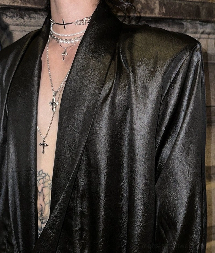 Satin deep V-neck shirt product image for oversized Korean streetwear styling in black or white