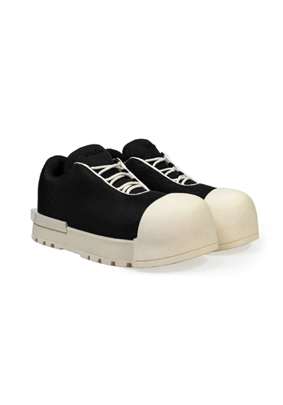 Pair of black sculpted-toe platform low boots arranged side by side on a white studio background