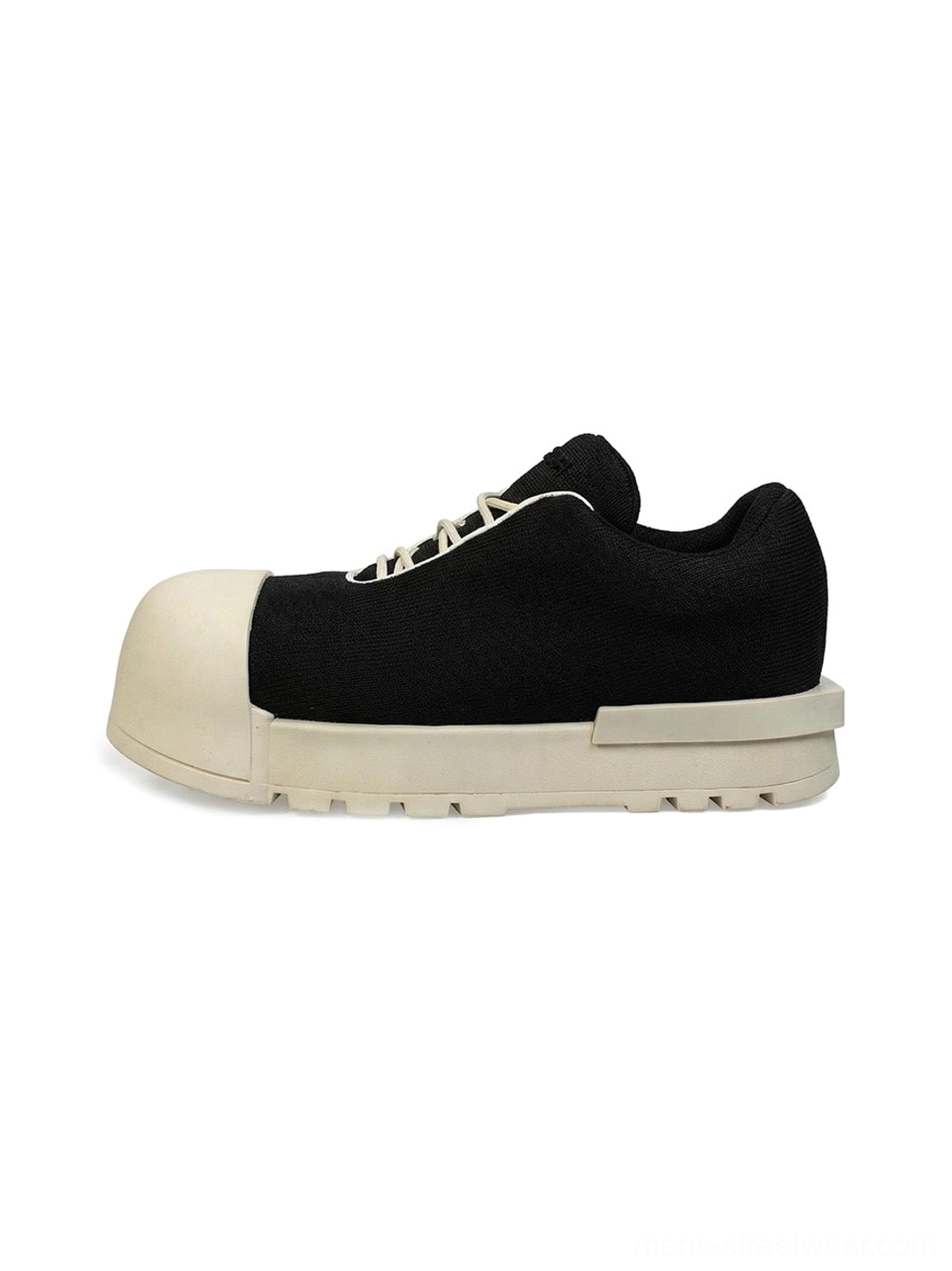 Side view of black sculpted-toe platform low boots with oversized off-white toe cap and chunky tread outsole