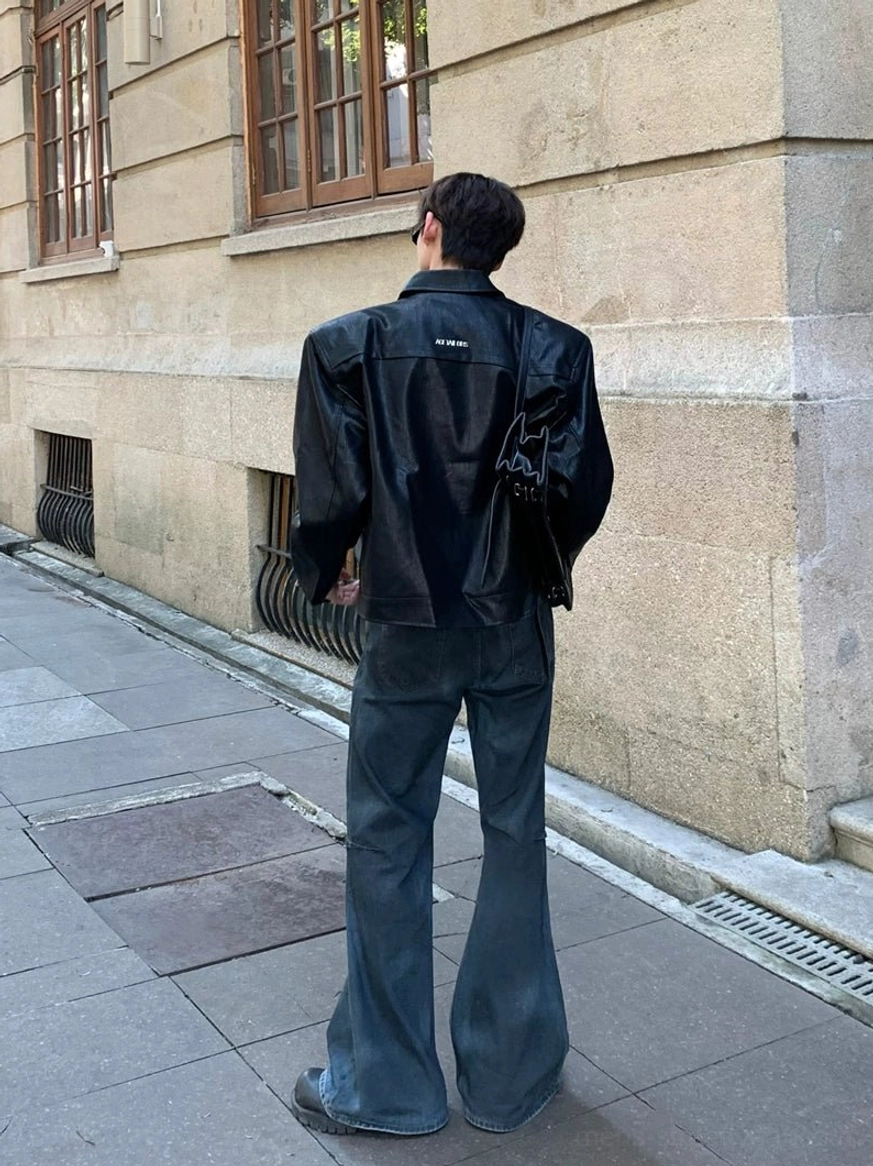 Sculpted wide-shoulder cropped denim jacket product image in a modern Korean streetwear style