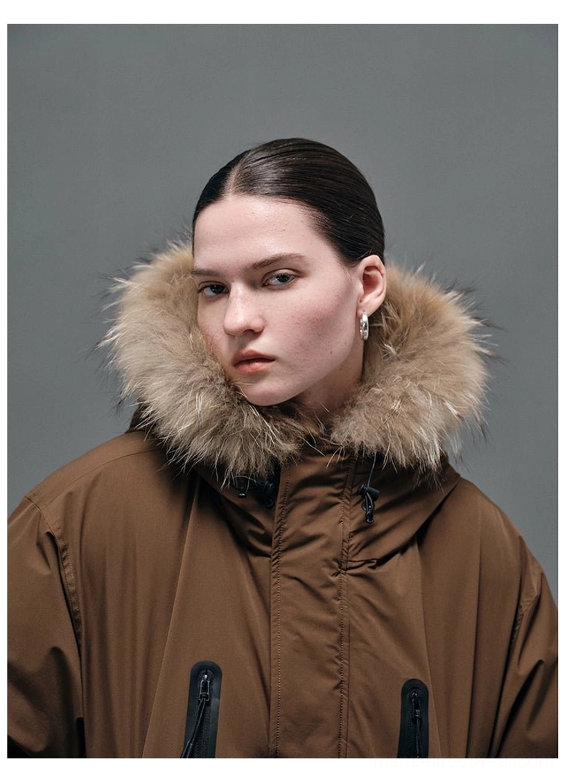 Seoul fashion style hooded down coat with plush fur trim, high collar and practical cold-weather outerwear details