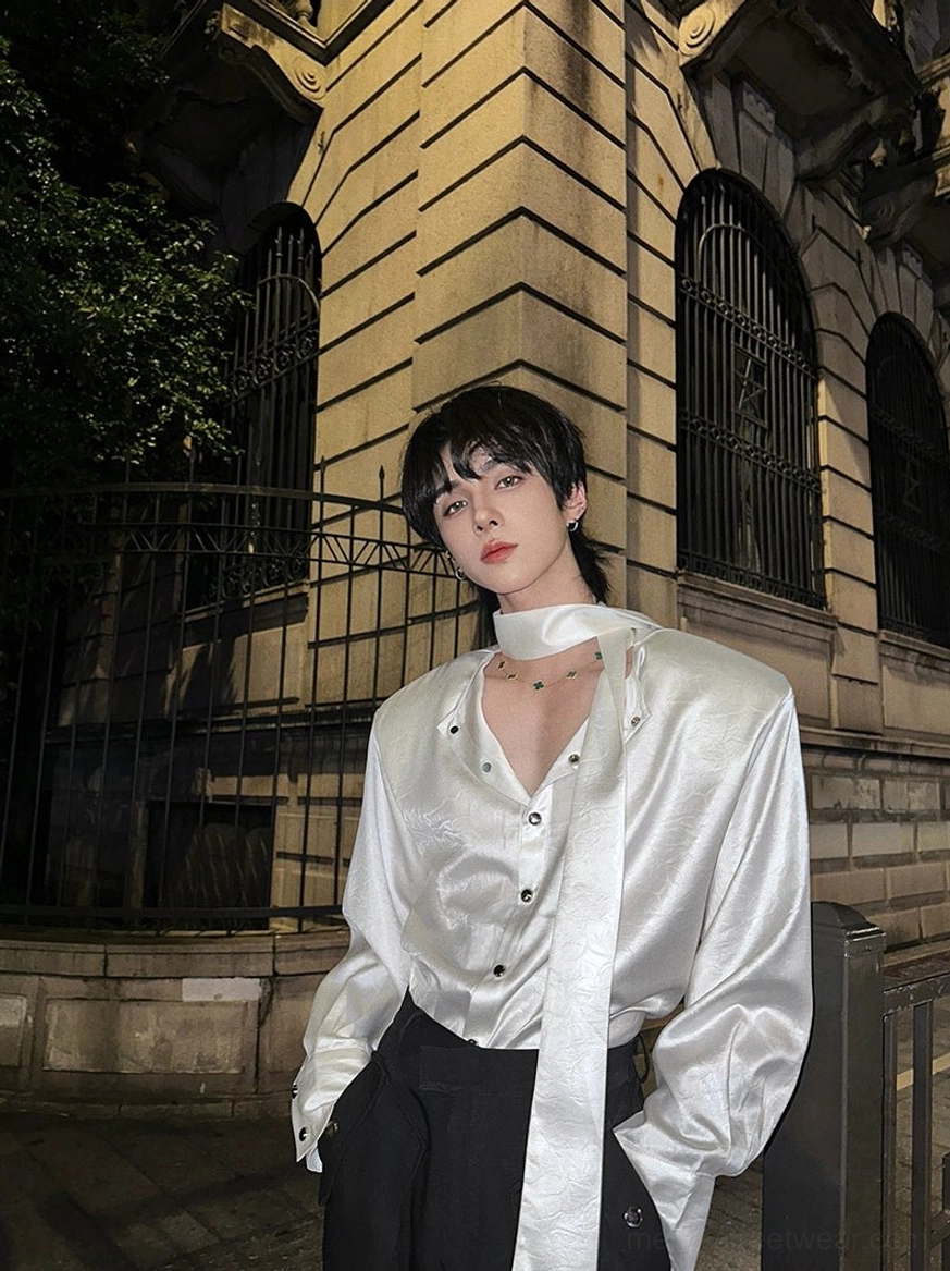 Seoul-inspired glossy tie-neck shirt with pointed collar and modern button-front streetwear styling