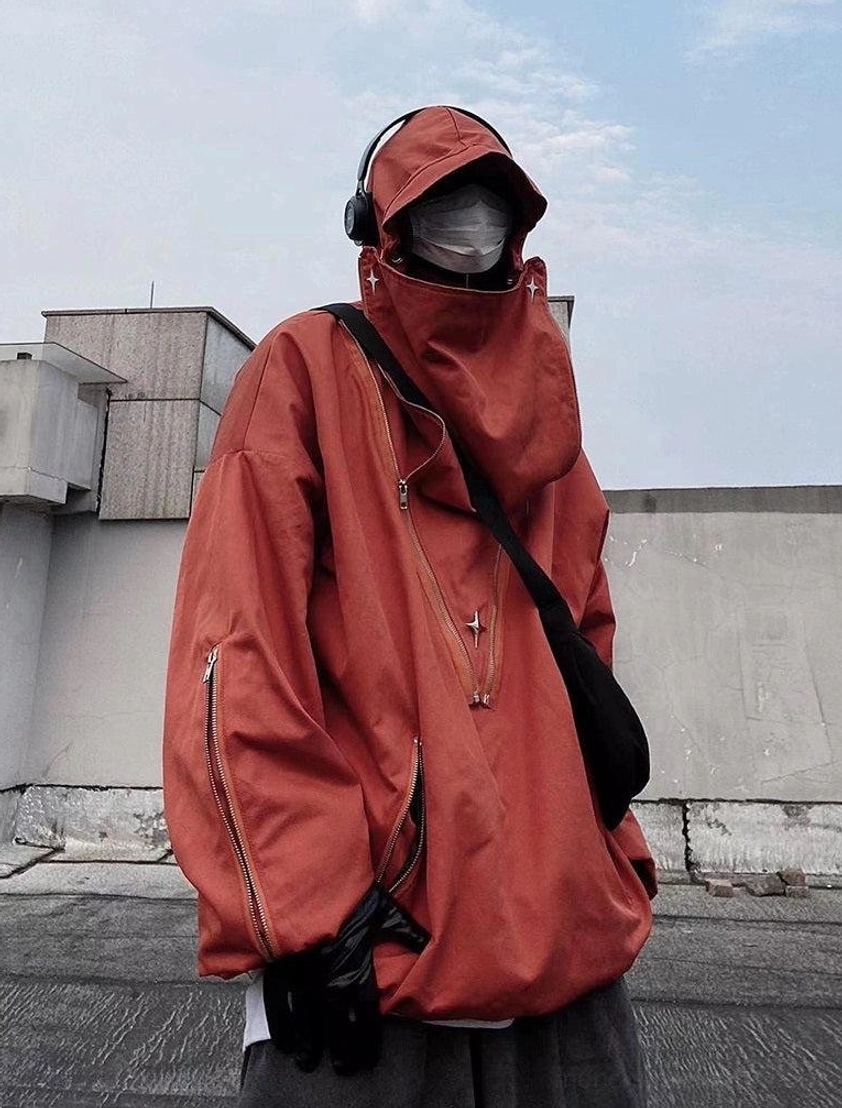 Seoul-inspired tactical streetwear jacket with relaxed silhouette, high-neck hood, adjustable hem, and layered hardware