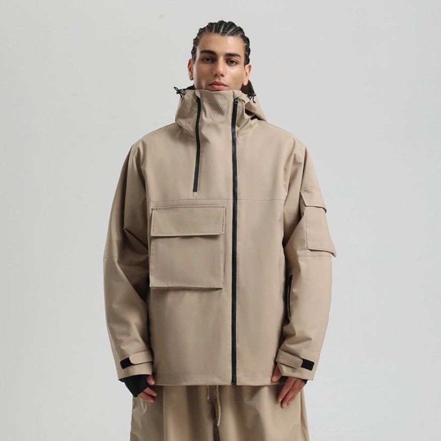 Seoul-inspired techwear snow jacket featuring a roomy fit, colorblock panels, adjustable hood, secure pockets, and winter insulation