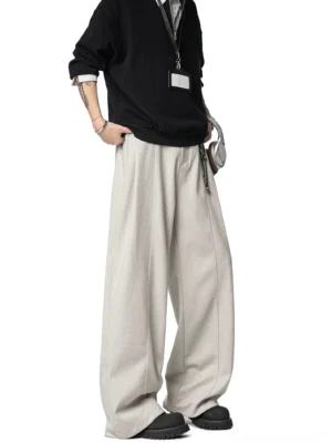 Light beige Seoul scholar relaxed wide-leg pleated trousers styled with an office casual streetwear outfit