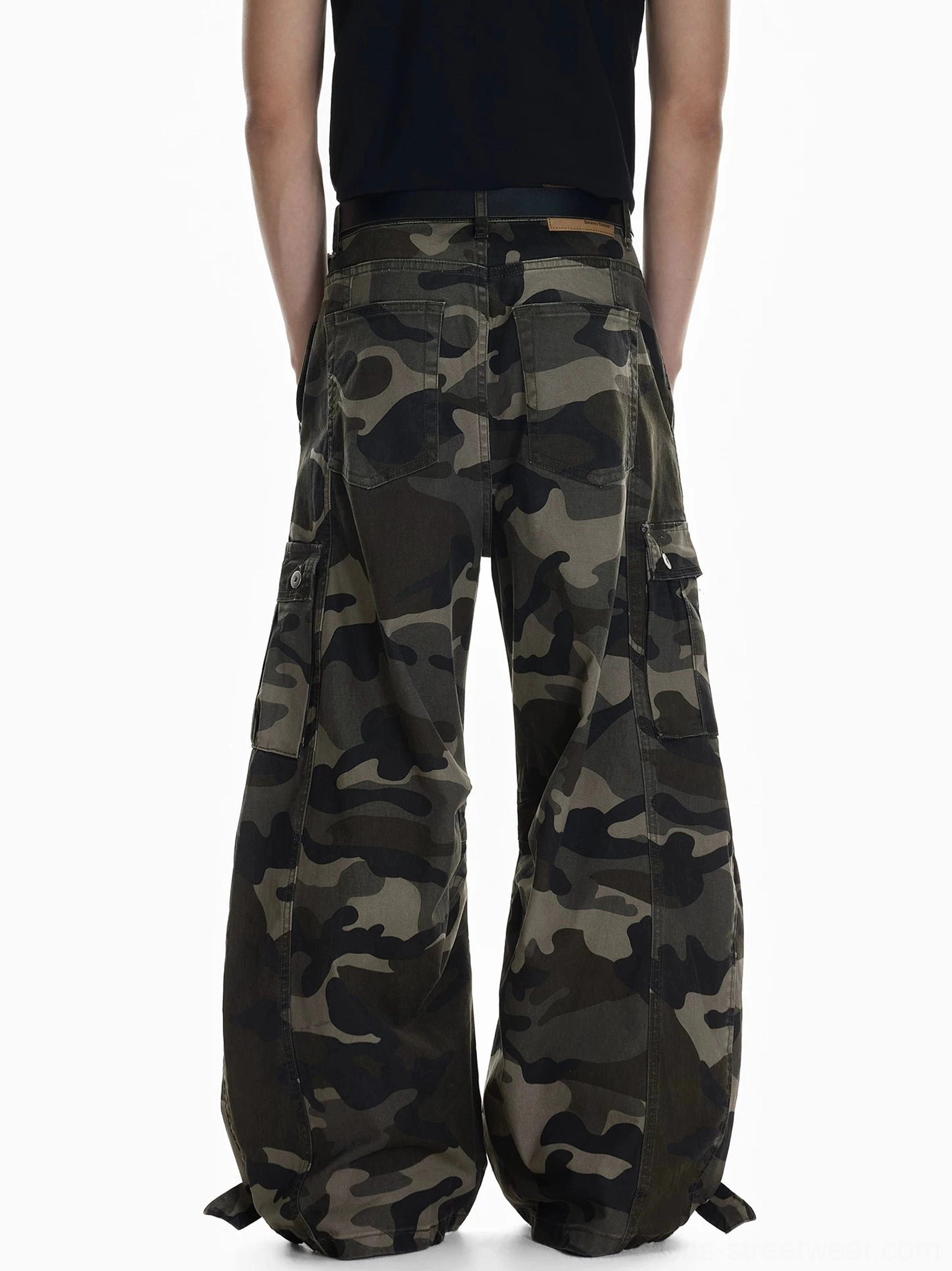 Shadow Ops dark woodland camouflage wide leg cargo pants back view with loose full length streetwear fit