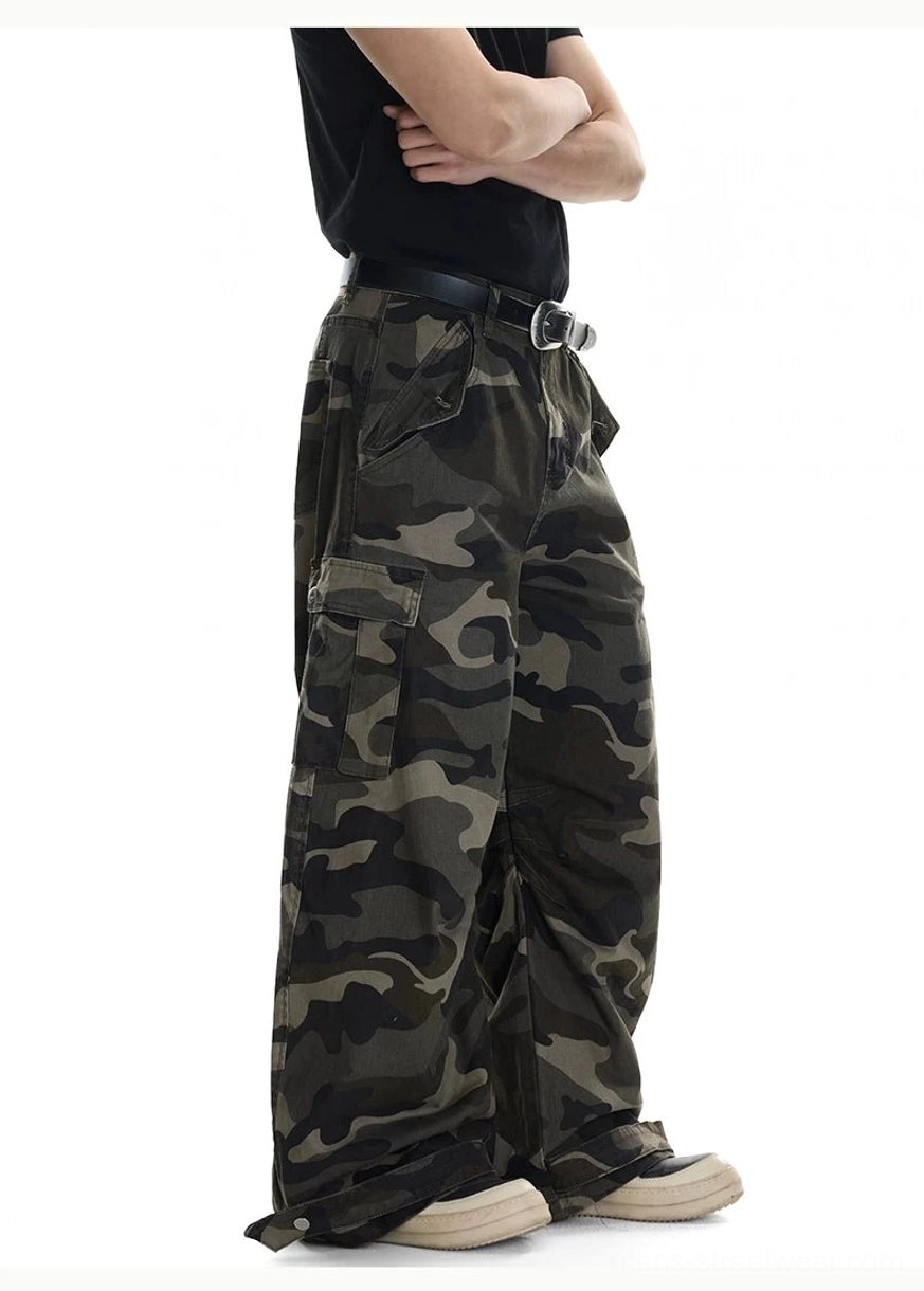 Shadow Ops dark woodland camo wide leg cargo pants side back full body view with oversized streetwear silhouette