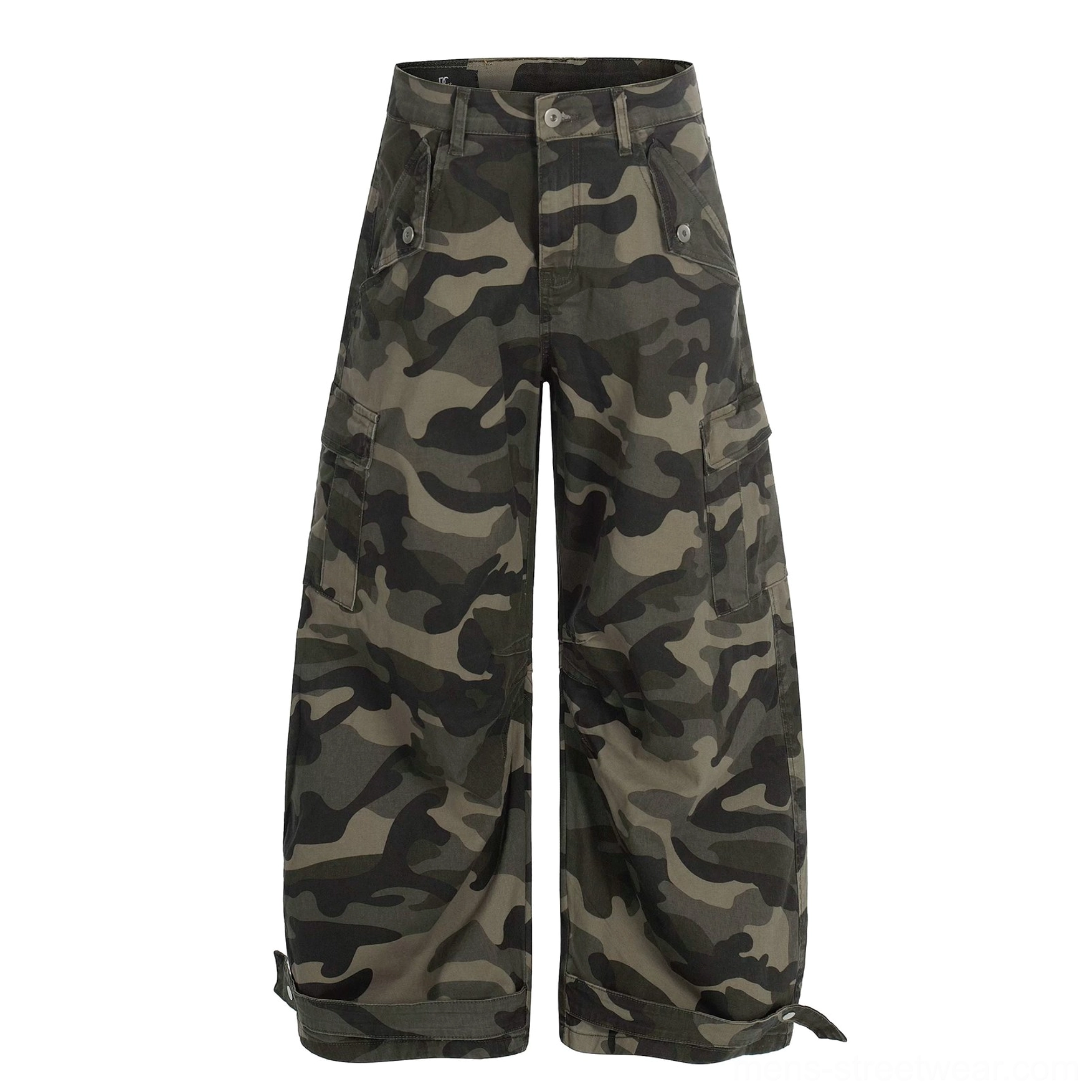 Shadow Ops woodland camo adjustable wide leg cargo pants in dark camouflage colorway product view