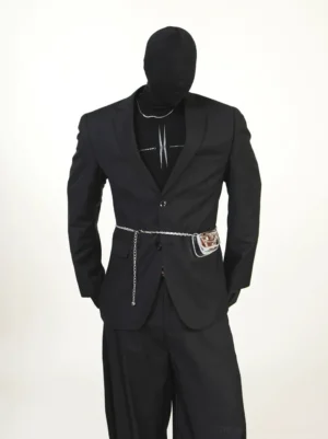 Black longline two-button tailored blazer in a Seoul-inspired monochrome streetwear outfit with silver chain waist accessory