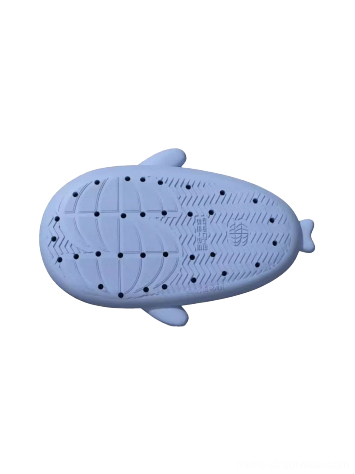 Anti-slip sole of shark platform slipper with drainage holes, fish scale texture, textured tread, and tail heel detail